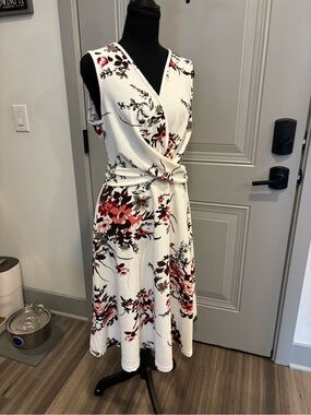 SHEIN White Midi Wrap Dress with Red and Pink Floral Print